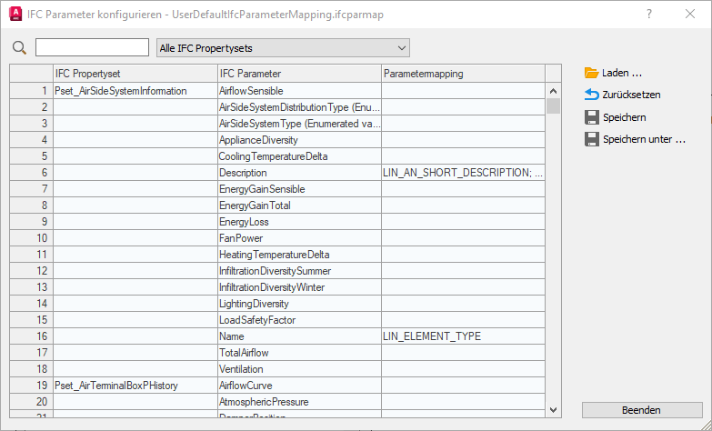 Dialog "IFC TGA-Export" in den LINEAR Solutions für Autodesk AutoCAD