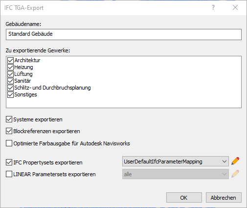 Dialog "IFC TGA-Export" in den LINEAR Solutions für Autodesk AutoCAD