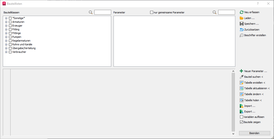 Dialog Bauteillisten LINEAR AutoCAD