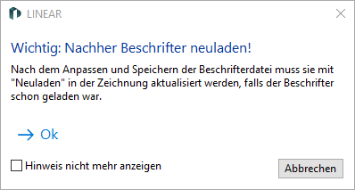 Hinweis beim Bearbeiten von Beschriftern in den LINEAR Solutions für Autodesk AutoCAD