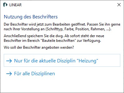Abfrage zur Nutzung des Beschrifters in den LINEAR Solutions für Autodesk AutoCAD