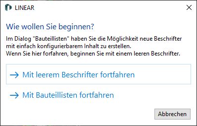 Abfrage zur Erstellung des Beschrifters in den LINEAR Solutions für Autodesk AutoCAD