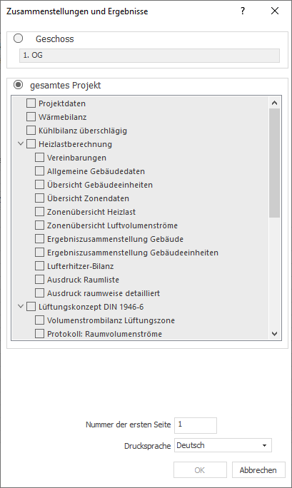 Dialog "Zusammenstellungen und Ergebnisse" in LINEAR Building