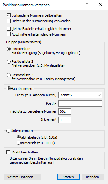 Dialog "Positionsnummern vergeben" in den LINEAR Solutions für Autodesk AutoCAD