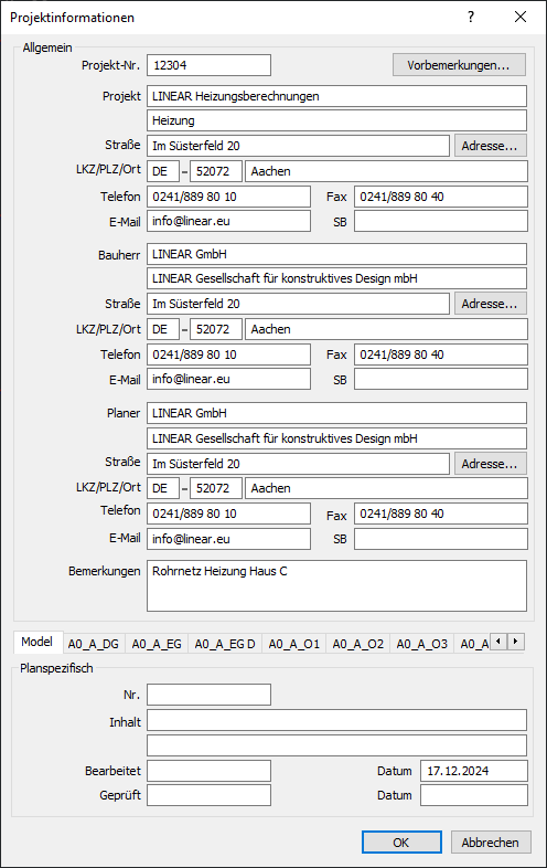 Dialog Projektdaten Linear AutoCAD