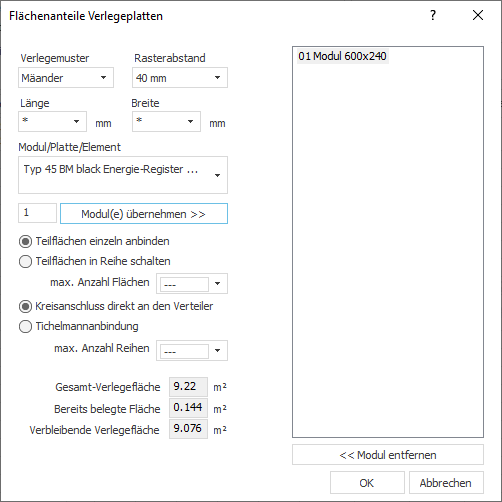 Dialog Flächenanteile Verlegeplatten Linear Building