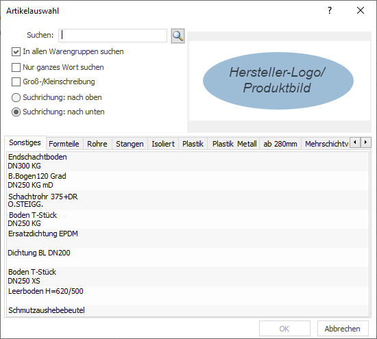 Dialog Artikelauswahl Linear Building