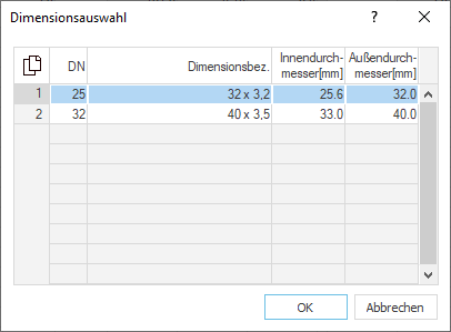 Dialog Dimensionsauswahl Linear Building