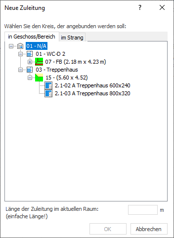 Dialog Neue Zuleitung Flächenheizung - LINEAR Building