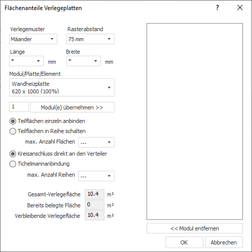 Dialog Flächenanteile Verlegeplatten in LINEAR Building