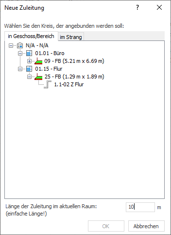 Dialog Neue Zuleitungen Linear Building