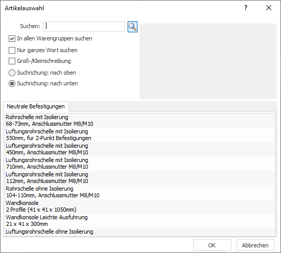 Hauptdialog Artikelauswahl Linear CAD Browser