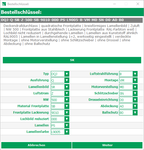 Dialog Bestellschlüssel im Schako Auslegungsprogramm
