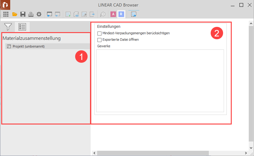 Der Bereich Materialzusammenstellung des LINEAR CAD Browser