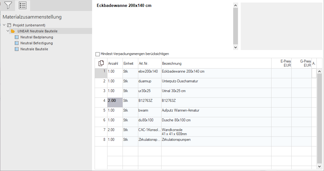 Materialzusammenstellung des LINEAR CAD Browsers mit hinzugefügten Artikeln