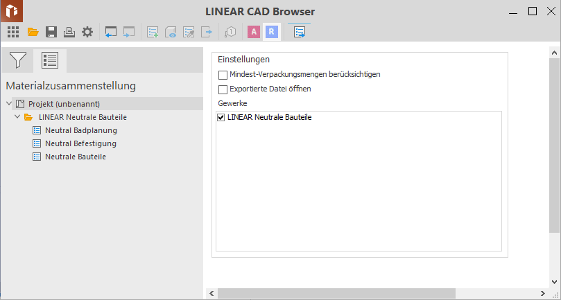 Bereich Materialzusammenstellung im LINEAR CAD Browser