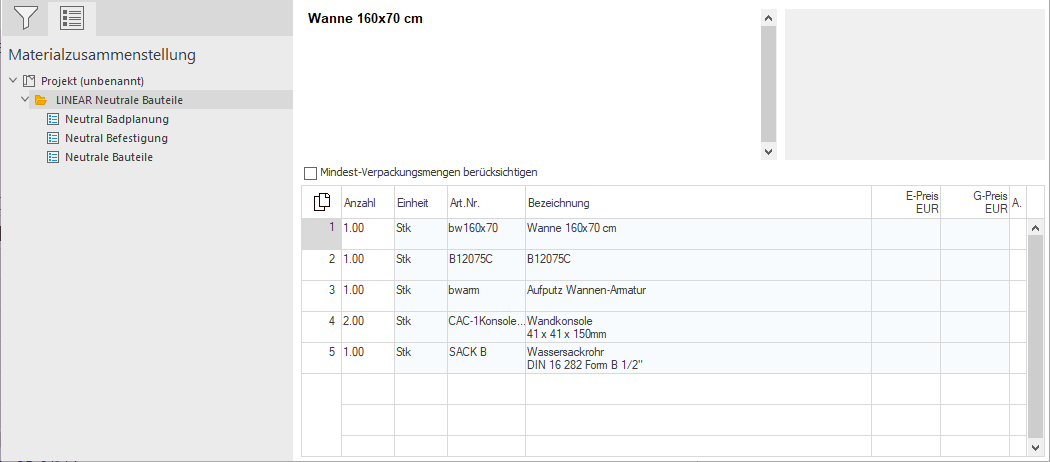Bereich Materialzusammenstellung im LINEAR CAD Browser
