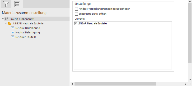 Bereich Materialzusammenstellung im LINEAR CAD Browser