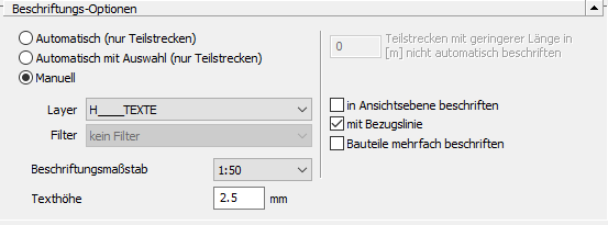 Dialog Beschriftungs-Optionen - LINEAR Solutions für Autodesk AutoCAD