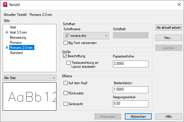 AutoCAD-Dialog Textstil