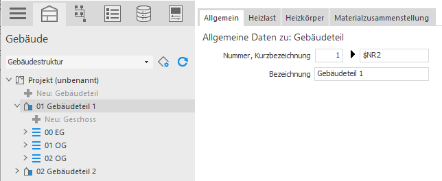 Bereich: "Allgemeine Daten zu: Gebäudeteil" in LINEAR Building