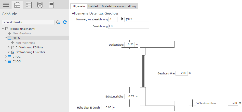 Bereich: "Allgemeine Daten zu: Geschoss" in LINEAR Building