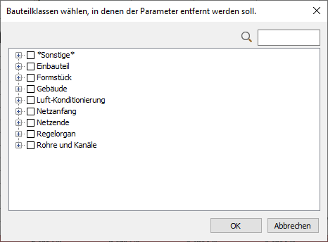 Dialog "Bauteilklassen wählen, in denen der Parameter entfernt werden soll" in den LINEAR Solutions für Autodesk AutoCAD