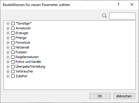 Dialog "Bauteilklassen für neuen Parameter wählen" in den LINEAR Solutions für Autodesk AutoCAD