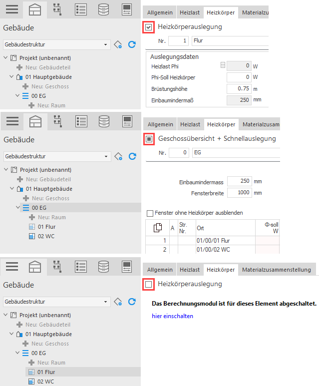 Aktivierte, teilaktivierte und deaktivierte Ebenen der Gebäudestruktur in LINEAR Building