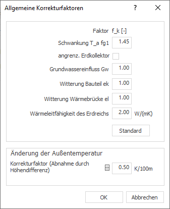 Dialog "Allgemeine Korrekturfaktoren" in LINEAR Building