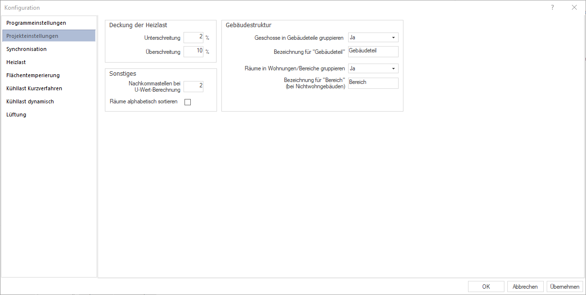 Bereich Projekteinstellungen in der Konfiguration von LINEAR Building