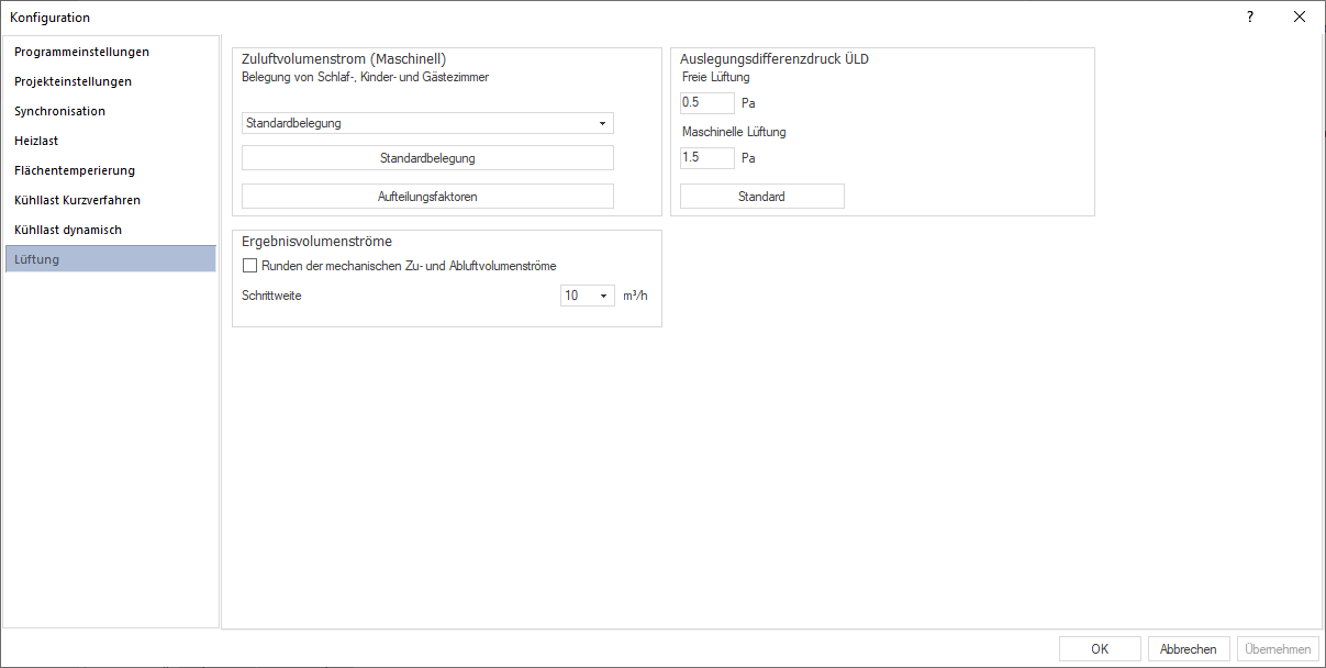 Bereich Lüftung in der Konfiguration von LINEAR Building