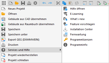 Menüpunkt "Services und Hilfe" des Hauptmenüs in LINEAR Building