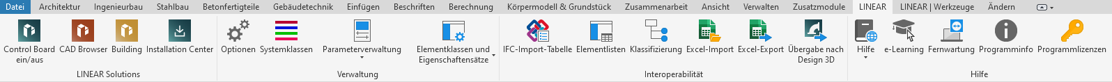 Registerkarte LINEAR der LINEAR Solutions für Autodesk Revit