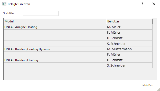 Dialog "Belegte Lizenzen in LINEAR Building
