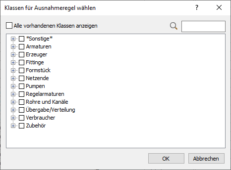 Dialog "Klassen für Ausnahmeregel wählen" in den LINEAR Solutions für Autodesk AutoCAD