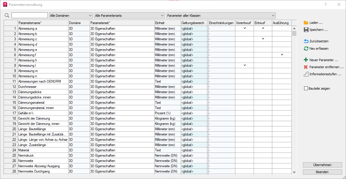 Dialog Parameterverwaltung in den LINEAR Solutions für Autodesk AutoCAD