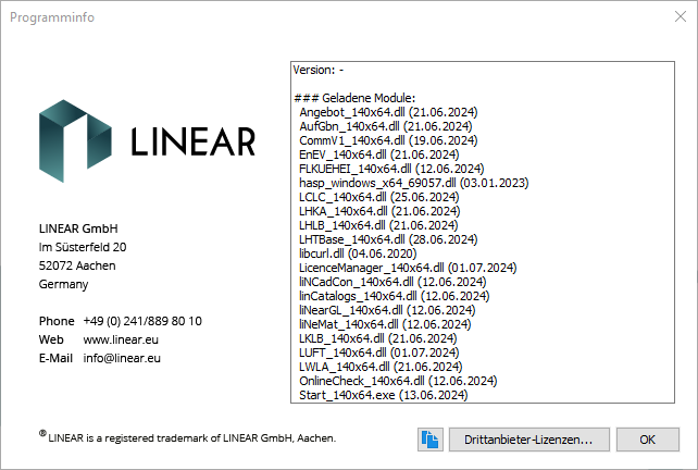 Dialog Programminfo in den LINEAR-Programmen