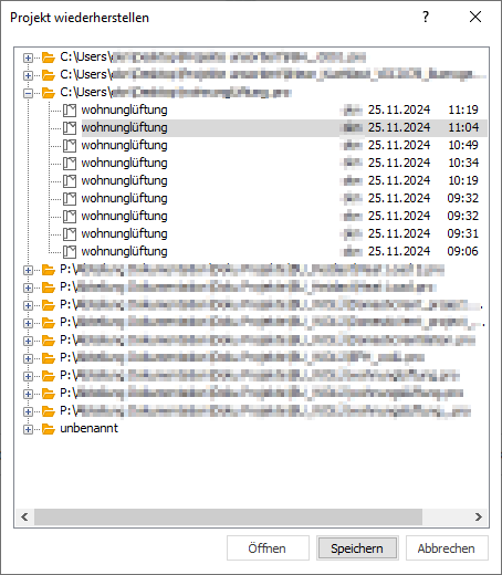 Dialog "Projekt wiederherstellen" in LINEAR Building