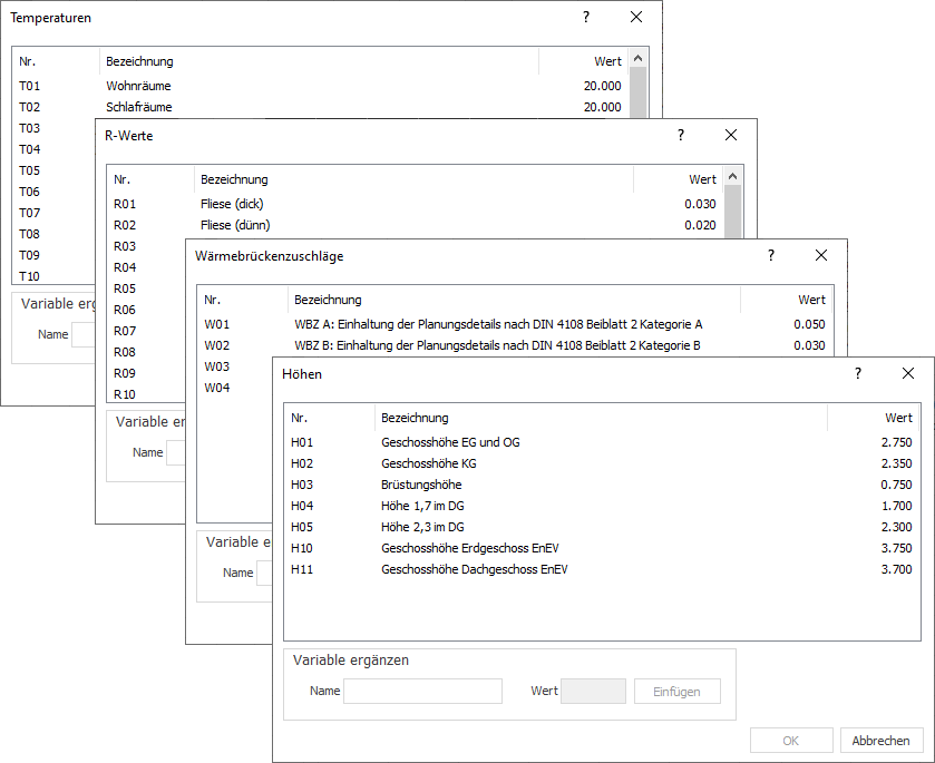 Variablen-Dialoge der Stammtabellen in LINEAR Building