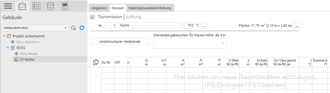Bereich Transmission im Modul Heizlast von LINEAR Building