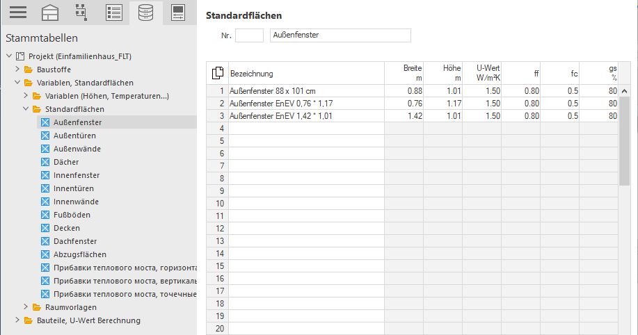 Tabelle der Variablen in den Stammtabellen von LINEAR Building