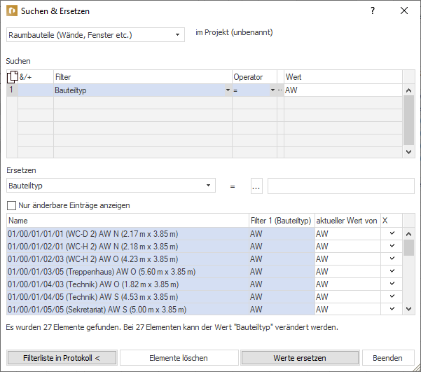 Dialog "Suchen & Ersetzen" in LINEAR Building