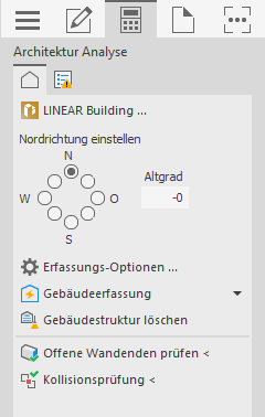 Tab "Analyse" der Disziplin Architektur im Control Board der LINEAR Solutions für Autodesk AutoCAD