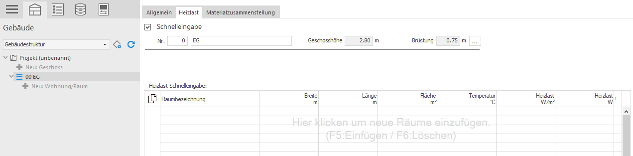 Bereich zur Heizlast-Schnelleingabe in LINEAR Building