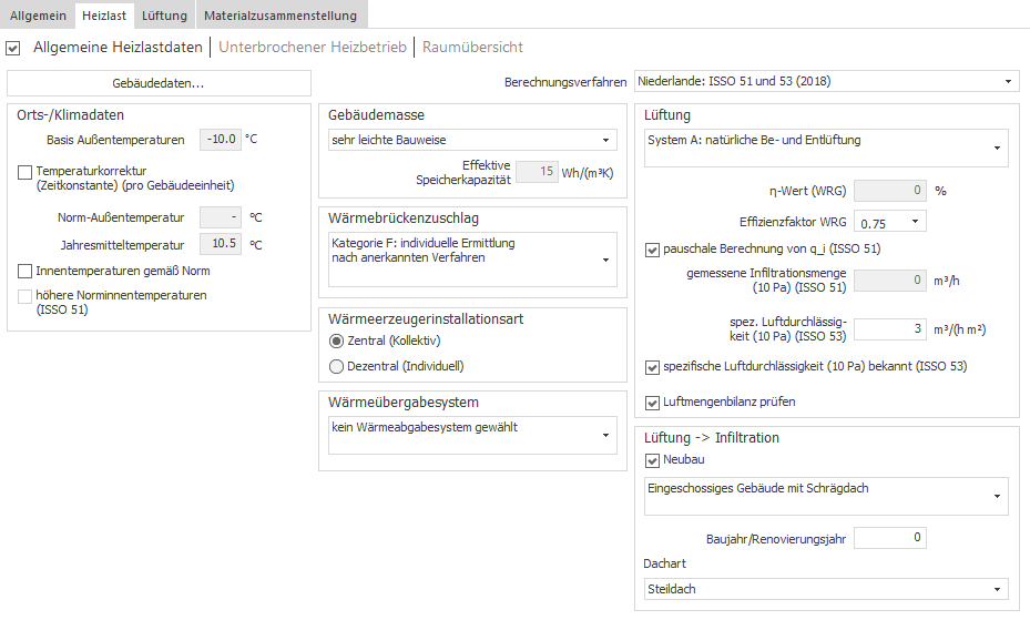 Bereich "Allgemeine Heizlastdaten" des Berechnungsverfahrens "ISSO 51 und 53" in LINEAR Building