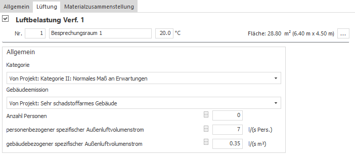 Bereich "Luftbelastung Verf. 1" des Moduls Lüftung in LINEAR Building.