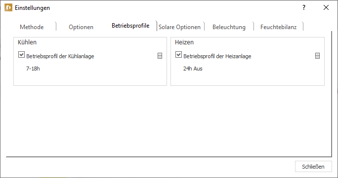 Einstellungen Betriebsprofile Linear Building