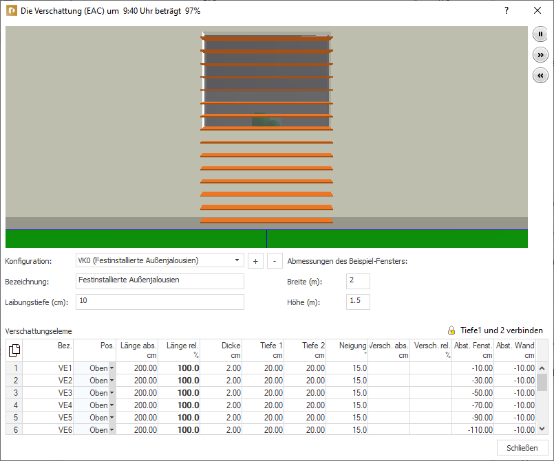 Dialog Verschattung Linear Building