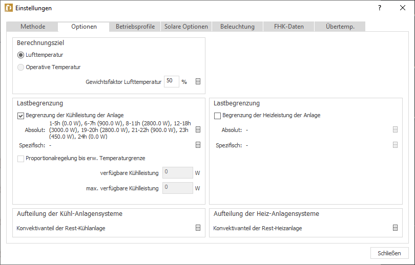 Registerkarte Optionen in den Einstellungen der dynamischen Kühllast in LINEAR Building